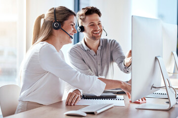 Computer, collaboration and customer service with a consultant team working in a call center for...