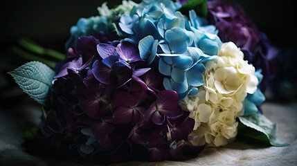 A bouquet of blue and purple hydrangeas with a white ribbon tied around. AI generated