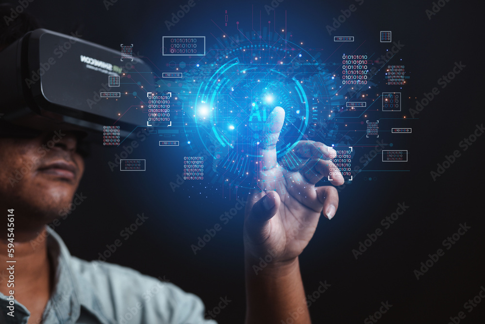 Poster businessman showing artificial intelligence (ai) brain function in futuristic business and cryptogra