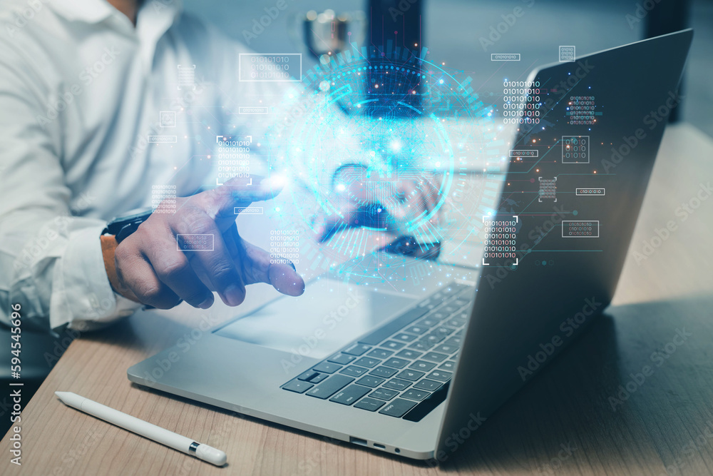 Poster businessman showing artificial intelligence (ai) brain function in futuristic business and cryptogra