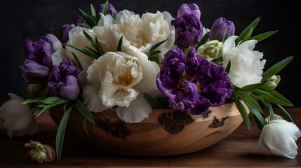 A centerpiece of white peonies and purple irises in a wooden bowl. AI generated