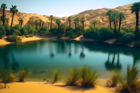 Oasis of palm trees and a pond of fresh water in the midst of the Arabian sandy desert, the focus of life in a lifeless environment. Generative AI