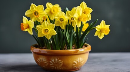 A cluster of bright yellow daffodils in a small ceramic pot. AI generated