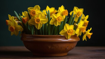 A cluster of bright yellow daffodils in a small ceramic pot. AI generated