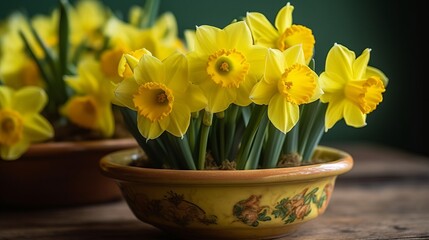 A cluster of bright yellow daffodils in a small ceramic pot. AI generated