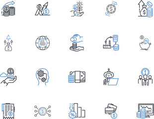 Putting together cash line icons collection. Saving, Budgeting, Earning, Investing, Frugal, Thrifty, Wise vector and linear illustration. Practical,Strategic,Resourceful outline signs set