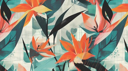 A contemporary design featuring geometric shapes and tropical blooms. AI generated