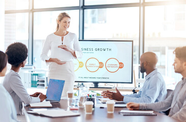 Obraz premium Corporate woman, workshop or seminar for presentation for business growth, development or team discussion. Female ceo, speech or idea for company mission at conference with employee group in audience