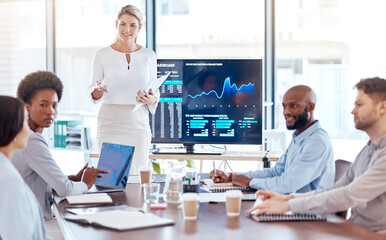 Woman, trader coach and screen with stock market dashboard, business people in meeting for training...