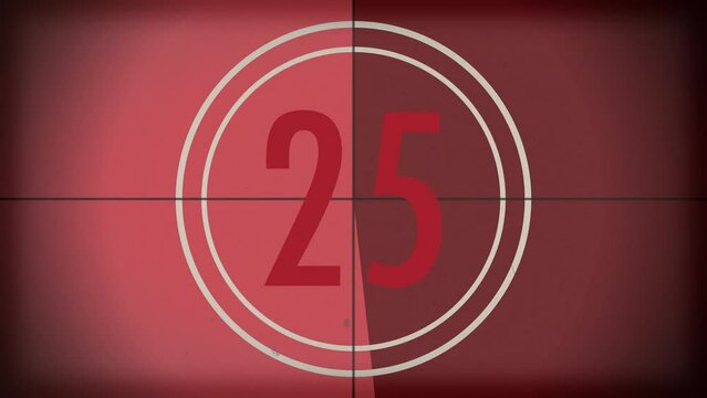 30 seconds vintage film countdown on faded red background. Old retro wipe rolling effect. Scratches, details and noise. Dusty and grainy feel. 4K motion graphics.