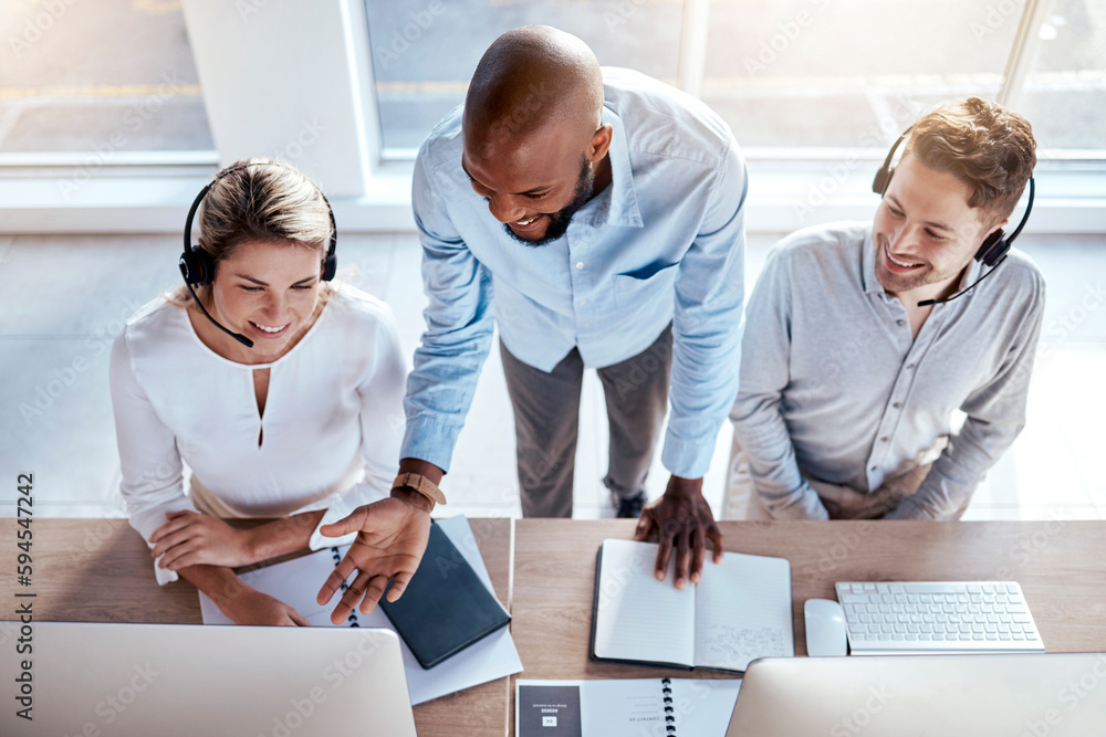 Poster call center employees in customer care training, help and business people working together with supp