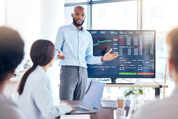 Black man, trader coach and screen with stock market dashboard, business people in meeting for...