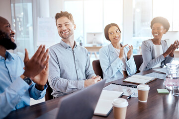 Congratulations, happy and business people clapping in a meeting for success, support and...