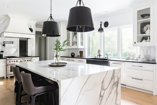 white kitchen with marble countertops, sleek black appliances, and contemporary lighting, created with generative ai