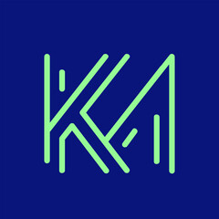 KA monogram logo signature icon. Alphabet initials. Abstract neon letter k, letter a. Lettering sign. Modern deco design, web, tech style bold characters. Geometric intertwined lines typography.