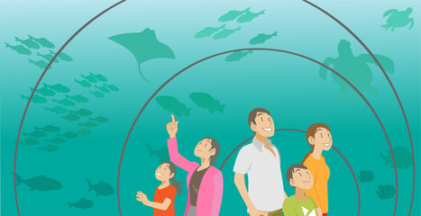 水族館のトンネルで魚を見る家族のイラスト © MASAGAMI