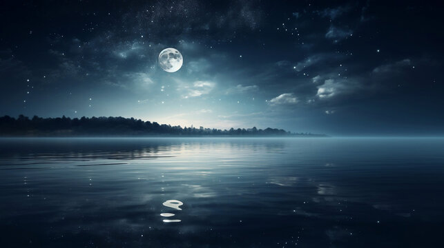 moon on a background star sky reflected in the sea. Generative ai