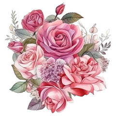 Watercolor drawing of a Rose with leaves. Botanical illustration. Pink color floral bouquet.