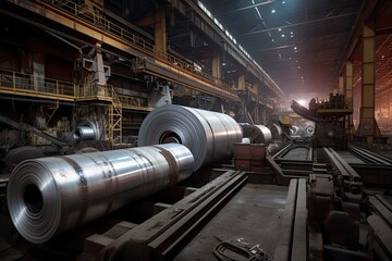 aluminum rolling mill, with massive rolls of metal being fed into the production process, created with generative ai - obrazy, fototapety, plakaty
