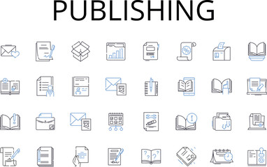 Publishing line icons collection. Printing press, Bookmaking, Magazine creation, Article releasing, Report production, Newsletter issuing, Journal publication vector and linear illustration. Report