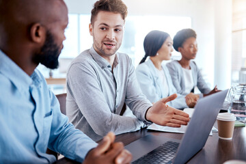 Manager, laptop and mentor helping black man, new worker or intern with project management, explain or leader managing. Computer, coaching and business people training in office, learning or teaching