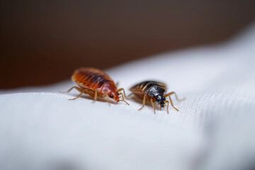 Bed bugs on a white cloth, macro, Generative AI