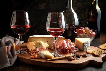 glass of wine and plate of cheese, prosciutto, and charcuterie for a sophisticated pairing, created with generative ai