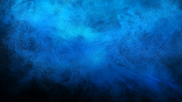 shiny smoke glitter,  fluid ink water, blue color magic mist particles texture, storm sky, wave flame, dark black abstract background
