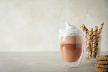 Tasty fresh summer dessert - chocolate milkshake, space for text