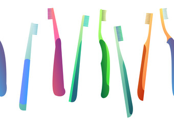 Toothbrushes seamless horizontal. Cartoon style. Items for dental and oral care. Isolated on white background. Vector.