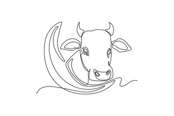 Single one line drawing Crescent moon and cow head. Happy Eid Al Adha. Continuous line draw design graphic vector illustration.