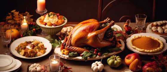 Fototapeta na wymiar Country Thanksgiving Dinner. Roast Turkey. Generative AI