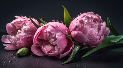 peony flowers on black background top view in flat lay style. Greeting for Womens, Mothers Day, Spring Sale Banner