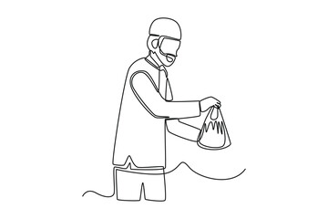 Single one line drawing happy boy sharing sacrificial meat. Happy Eid Al Adha. Continuous line draw design graphic vector illustration.