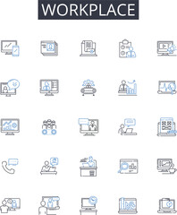 Workplace line icons collection. Office Space, Job Site, Occupation Area, Business Center, Work Locale, Employment Z, Career Hub vector and linear illustration. Professional Realm,Labor Ground