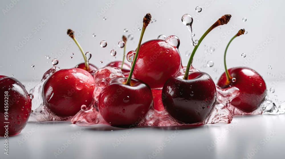 Wall mural Fresh ripe cherry on white background with water drops on a white background, top view