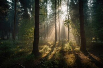 majestic forest, with towering trees and misty air, in the morning sunlight, created with generative ai
