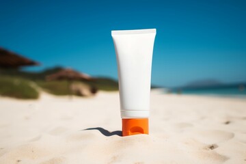 Suncream tube on beach. Generate Ai