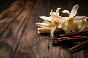 Dried vanilla pods and flowers on wooden background. Generative AI