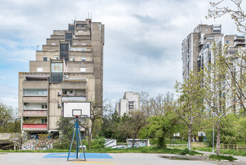 18. April 2023. New Belgrade, Serbia. New Belgrade View with socialistic architecture in brutalism style of construction. Building in the residential part of Belgrade, Serbia. Editorial image.