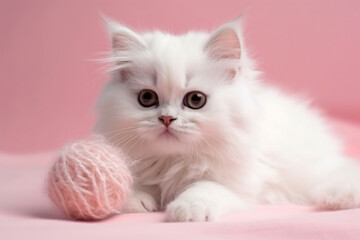 Furry white kitty playing with pastel pink furry woolen ball on pastel pink background. Generative AI