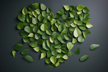 Heart shaped green leaves, Heart symbol in green leaves, earth day,loving nature background. Top view. Creative eco friendly concept advertising