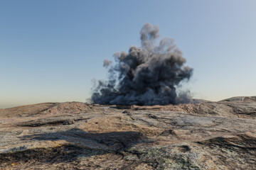 single small cloud in large desert environment with sand dunes, hills and rocks laying arround; climate change heat concept; 3D Illustration