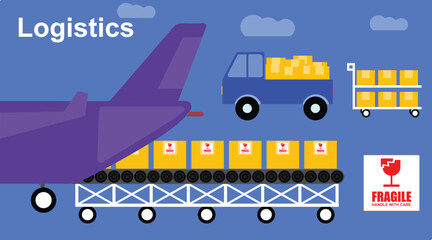 Air Cargo elements and objects, flight, box, container, fragile, Global business logistics import export background and container cargo freight ship, flight transport concept