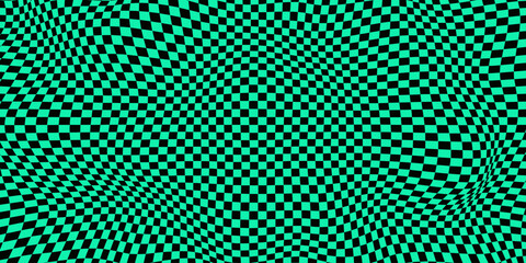 Wavy chess board on green background. Chessboard concept. Wave distortion effect. Vector illustration.