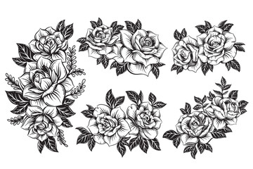 Set Bundle Collection Vintage beautiful flowers Rose elements Flowers bouquet stem for tattoo hand drawn style © morspective