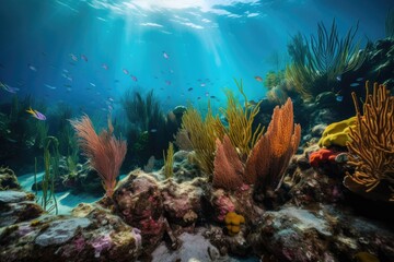 Fototapeta na wymiar caribbean reef with aquatics plants and colorful fish, created with generative ai