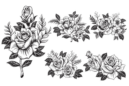 Set Bundle Collection rose flower line art with leaf clipart Floral composition Hand drawn floral decorative bouquet