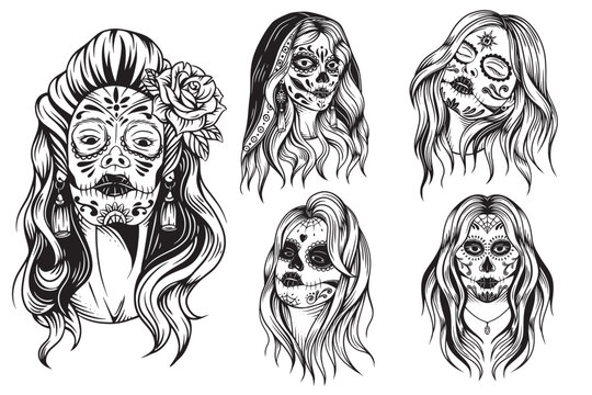 Set Bundle CollectionSugar skull lady Skull Girl Muertos vintage girl with skull mask tattoo illustration