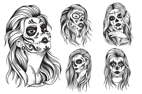 Set Bundle Collection Sugar skull Gothic Lady Women Face girl and flower tattoo concept with engraving style
